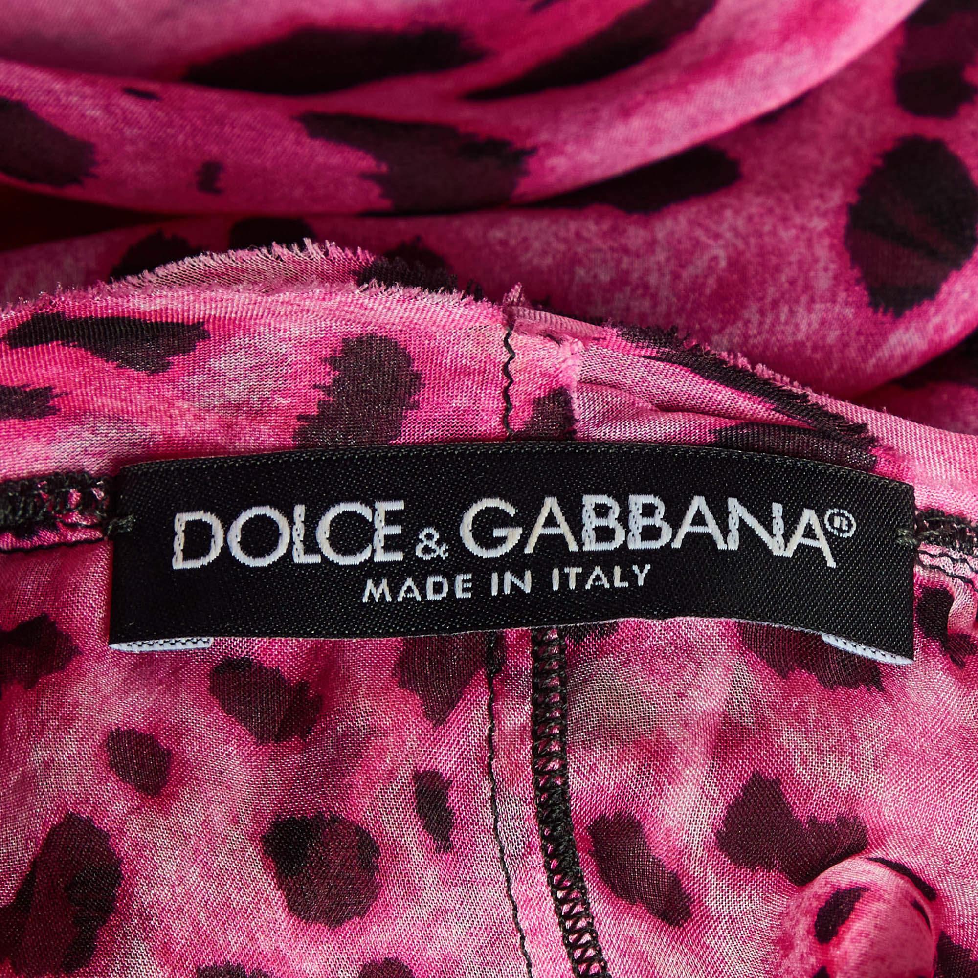 Dolce & Gabbana Pink Leopard Print Silk Ruffle Top L 1