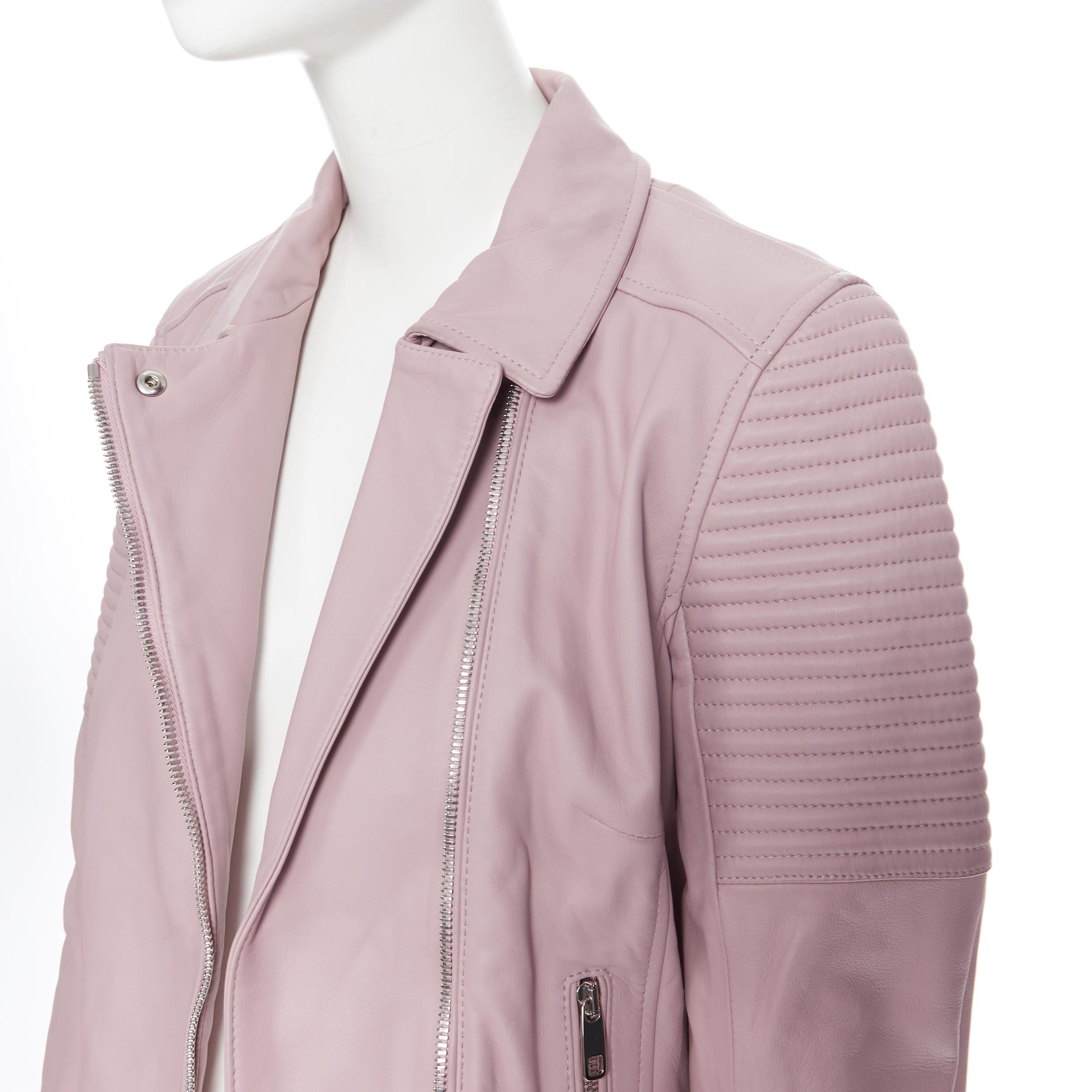 DOLCE GABBANA pink lilac lamb leather ribbed motorcycle biker jacket IT42 L 
Reference: JEDI/A00045 
Brand: Dolce Gabbana 
Designer: Domenico Dolce and Stefano Gabbana 
Material: Leather 
Color: Purple 
Pattern: Solid 
Closure: Zip 
Extra Detail: