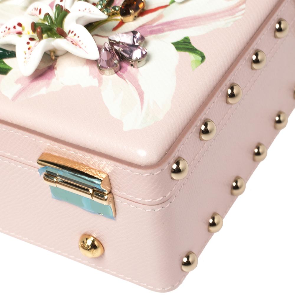 Dolce & Gabbana Pink Lily Print Leather Crystal Dolce Box Top Handle Bag 2