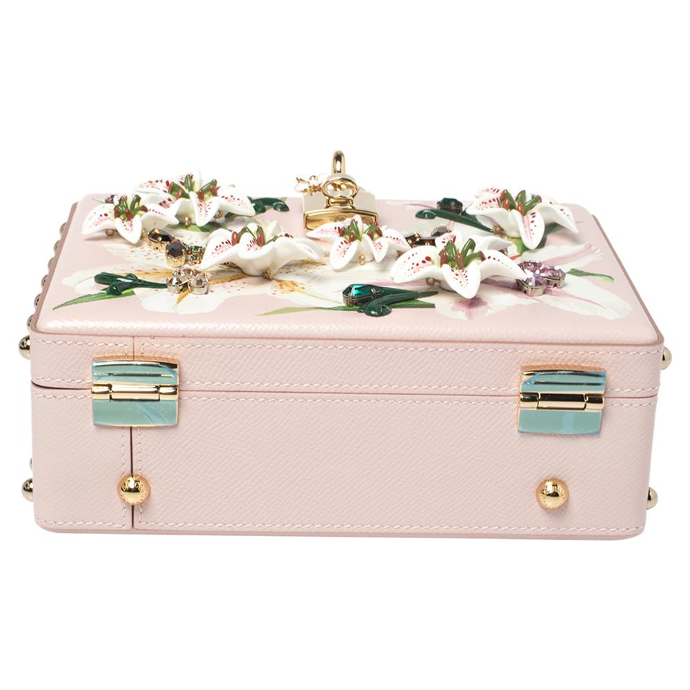 Women's Dolce & Gabbana Pink Lily Print Leather Crystal Dolce Box Top Handle Bag