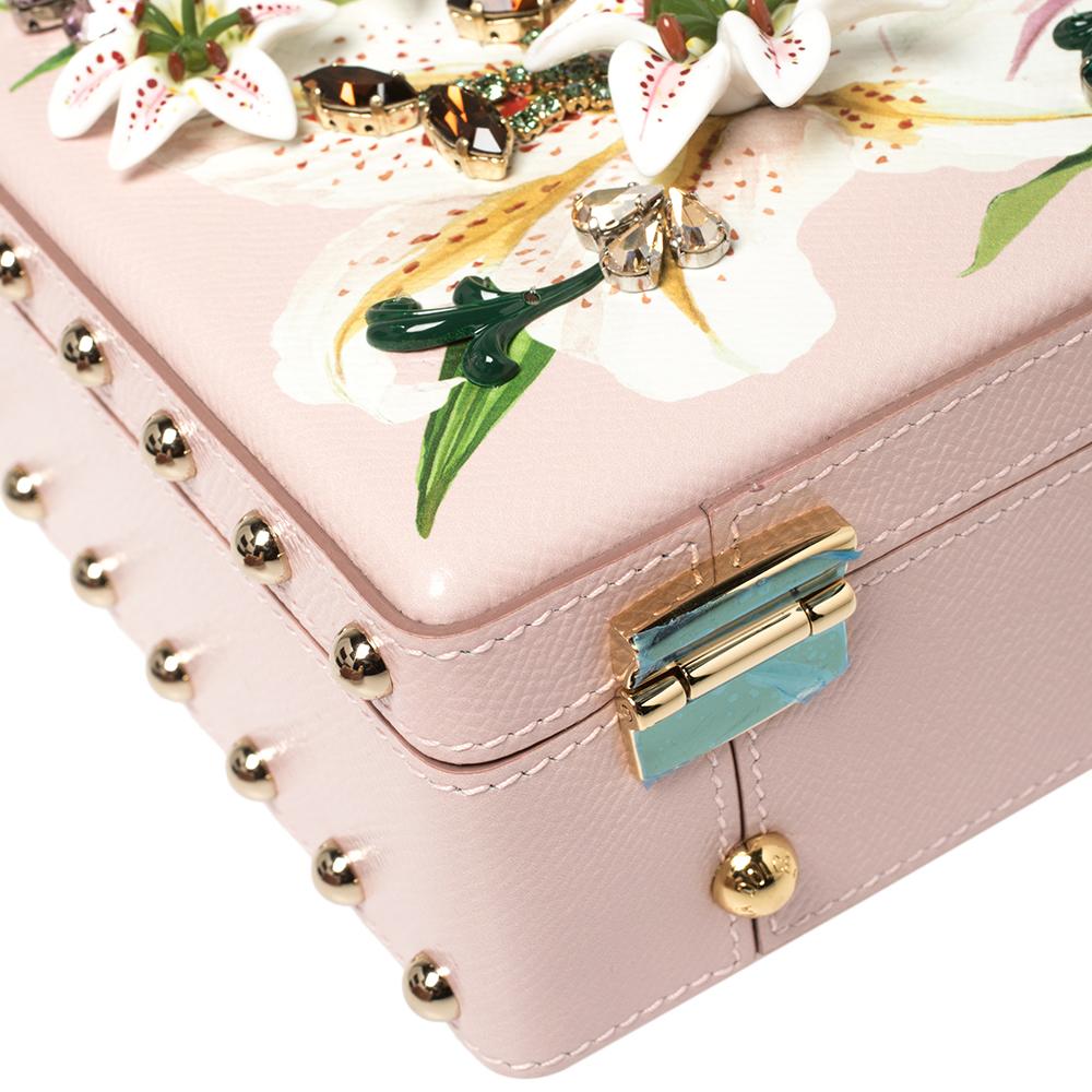 Dolce & Gabbana Pink Lily Print Leather Crystal Dolce Box Top Handle Bag 1