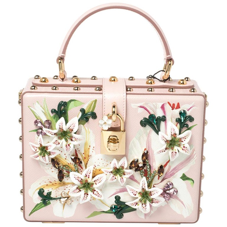 Dolce and Gabbana Pink Lily Print Leather Crystal Dolce Box Top Handle Bag  at 1stDibs