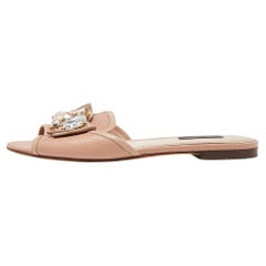 Dolce & Gabbana Pink Lizard Embossed Leather Crystal Bow Flat Slides Size 37