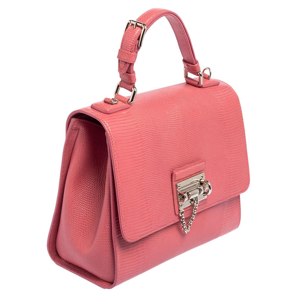 Dolce & Gabbana Pink Lizard Embossed Leather Medium Miss Monica Top Handle Bag In Good Condition In Dubai, Al Qouz 2