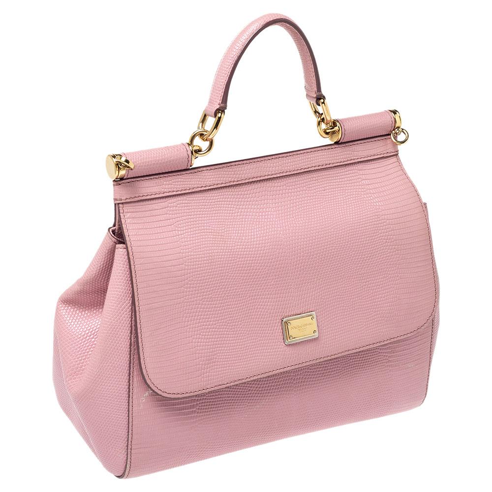 Women's Dolce & Gabbana Pink Lizard Embossed Leather Medium Miss Sicily Top Handle Bag