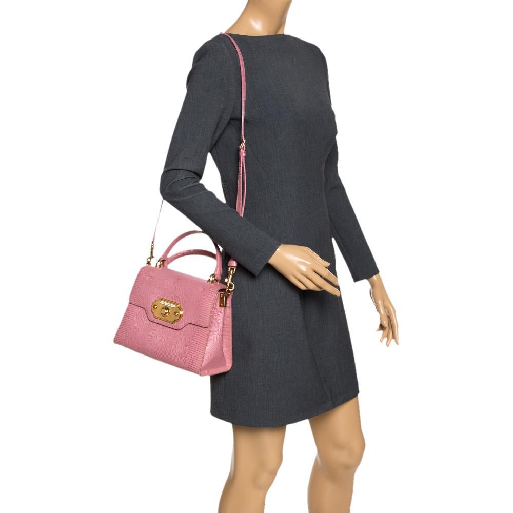 Brown Dolce & Gabbana Pink Lizard Embossed Leather Welcome Top Handle Bag