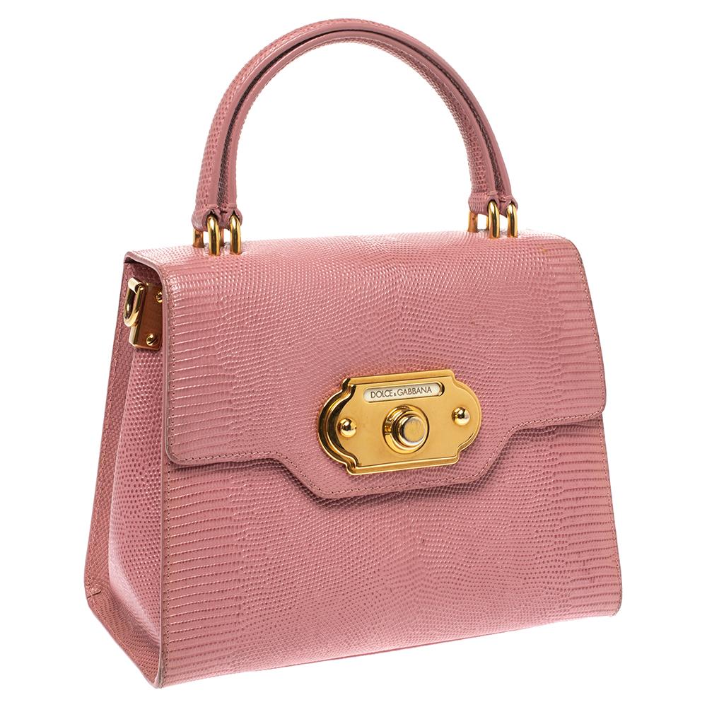 Dolce & Gabbana Pink Lizard Embossed Leather Welcome Top Handle Bag In Good Condition In Dubai, Al Qouz 2