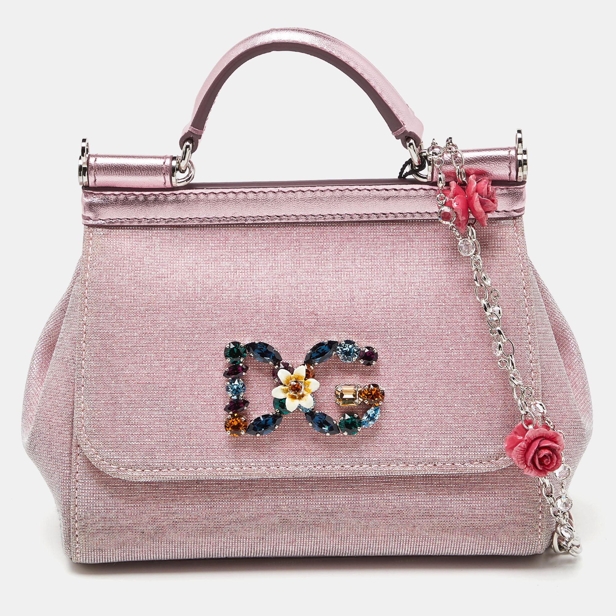 Dolce & Gabbana Pink Lurex Fabric and Leather Mini Miss Sicily Top Handle Bag 4