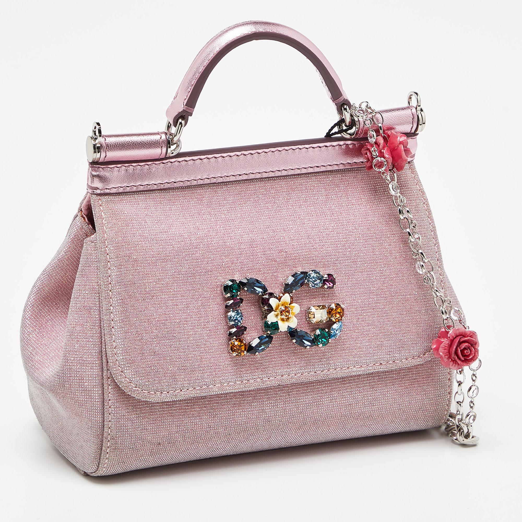 Dolce & Gabbana Pink Lurex Fabric and Leather Mini Miss Sicily Top Handle Bag 5