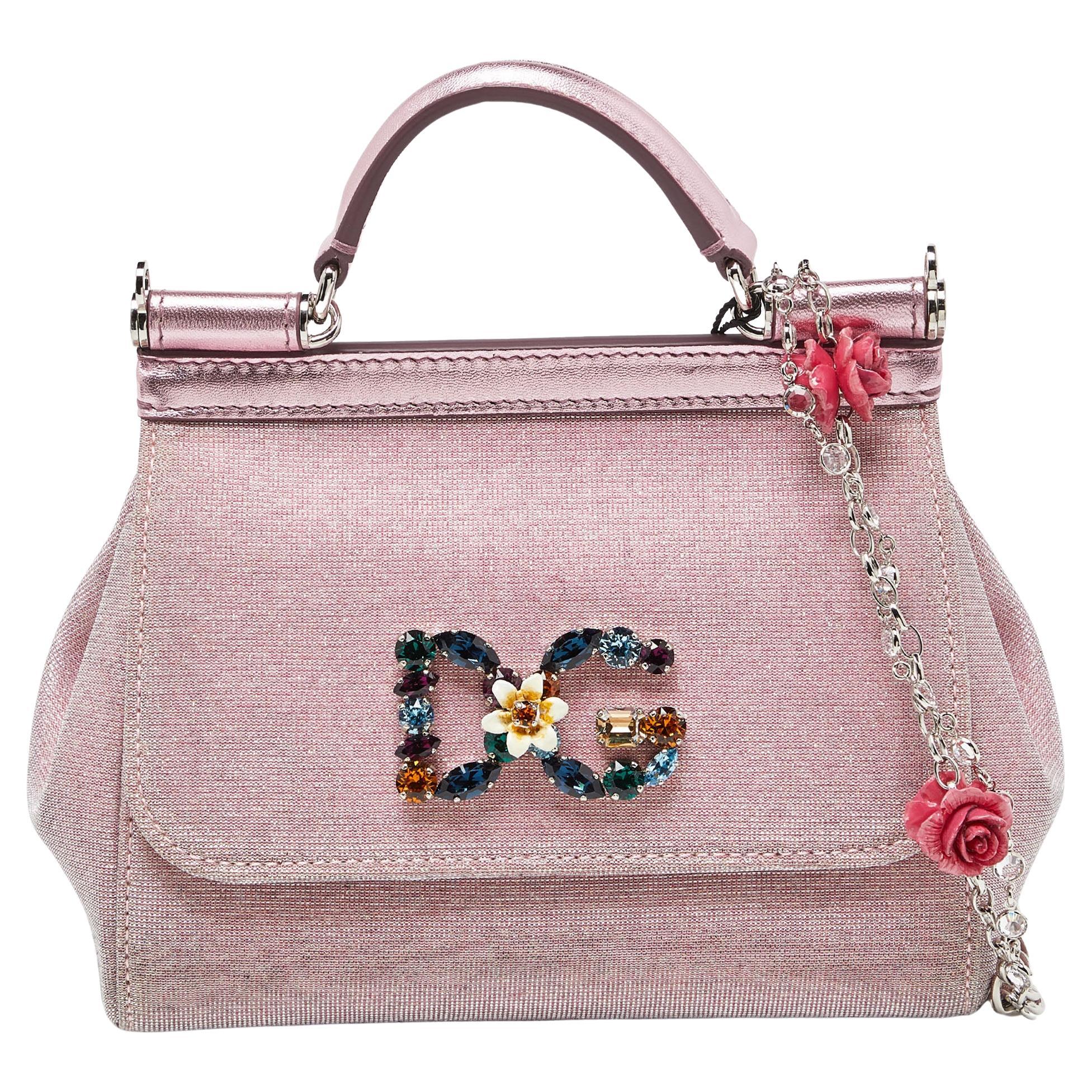Dolce & Gabbana Pink Lurex Fabric and Leather Mini Miss Sicily Top Handle Bag