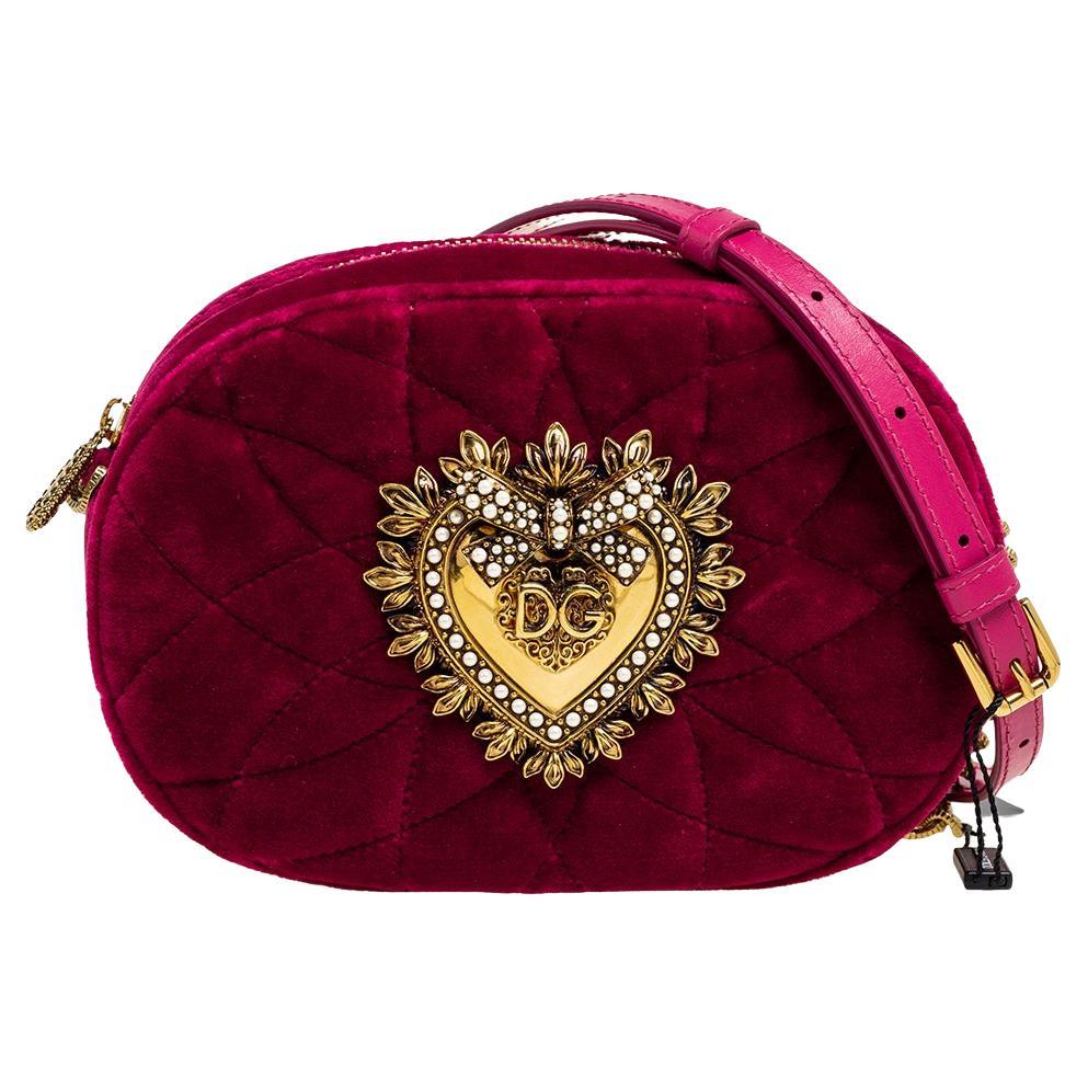 Dolce & Gabbana Pink Matelassé Velvet Devotion Camera Crossbody Bag