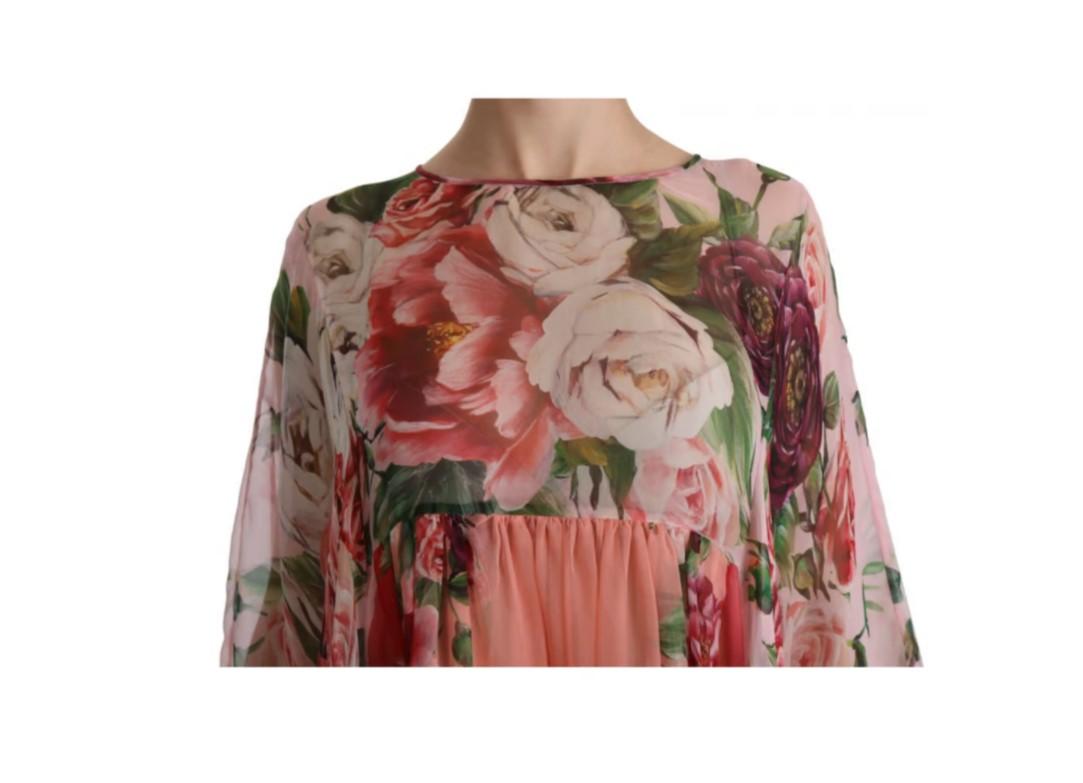 Dolce & Gabbana Pink Multicolor Silk Roses Floral Kaftan Dress Mid-length Midi For Sale 2