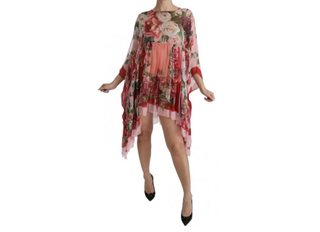 Brown Dolce & Gabbana Pink Multicolor Silk Roses Floral Kaftan Dress Mid-length Midi For Sale