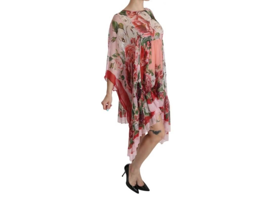 Dolce & Gabbana Pink Multicolor Silk Roses Floral Kaftan Dress Mid-length Midi In New Condition For Sale In WELWYN, GB
