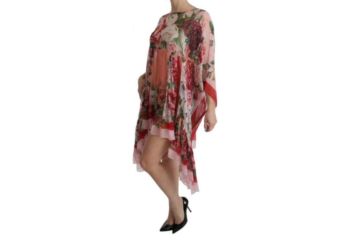 Women's Dolce & Gabbana Pink Multicolor Silk Roses Floral Kaftan Dress Mid-length Midi For Sale