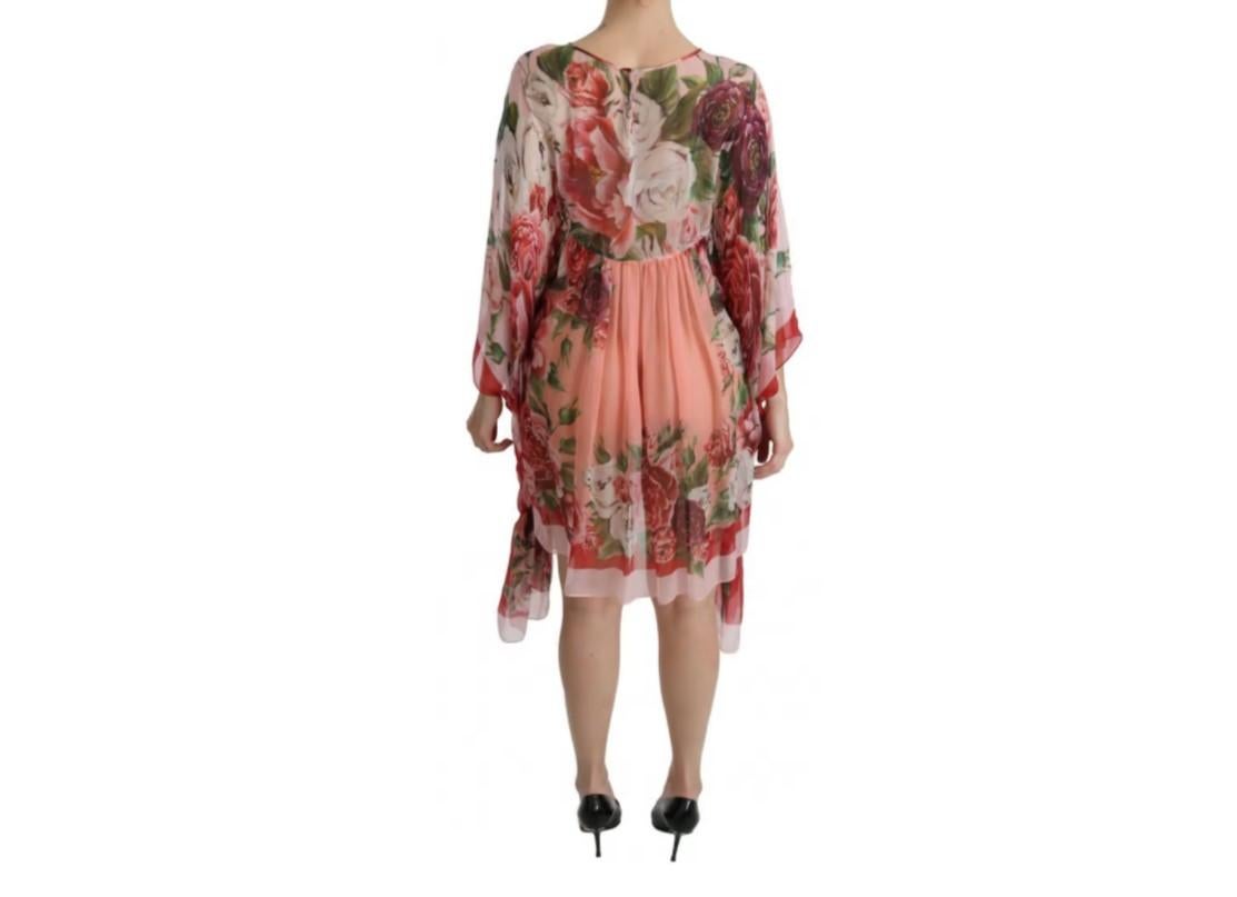 Dolce & Gabbana Pink Multicolor Silk Roses Floral Kaftan Dress Mid-length Midi For Sale 1