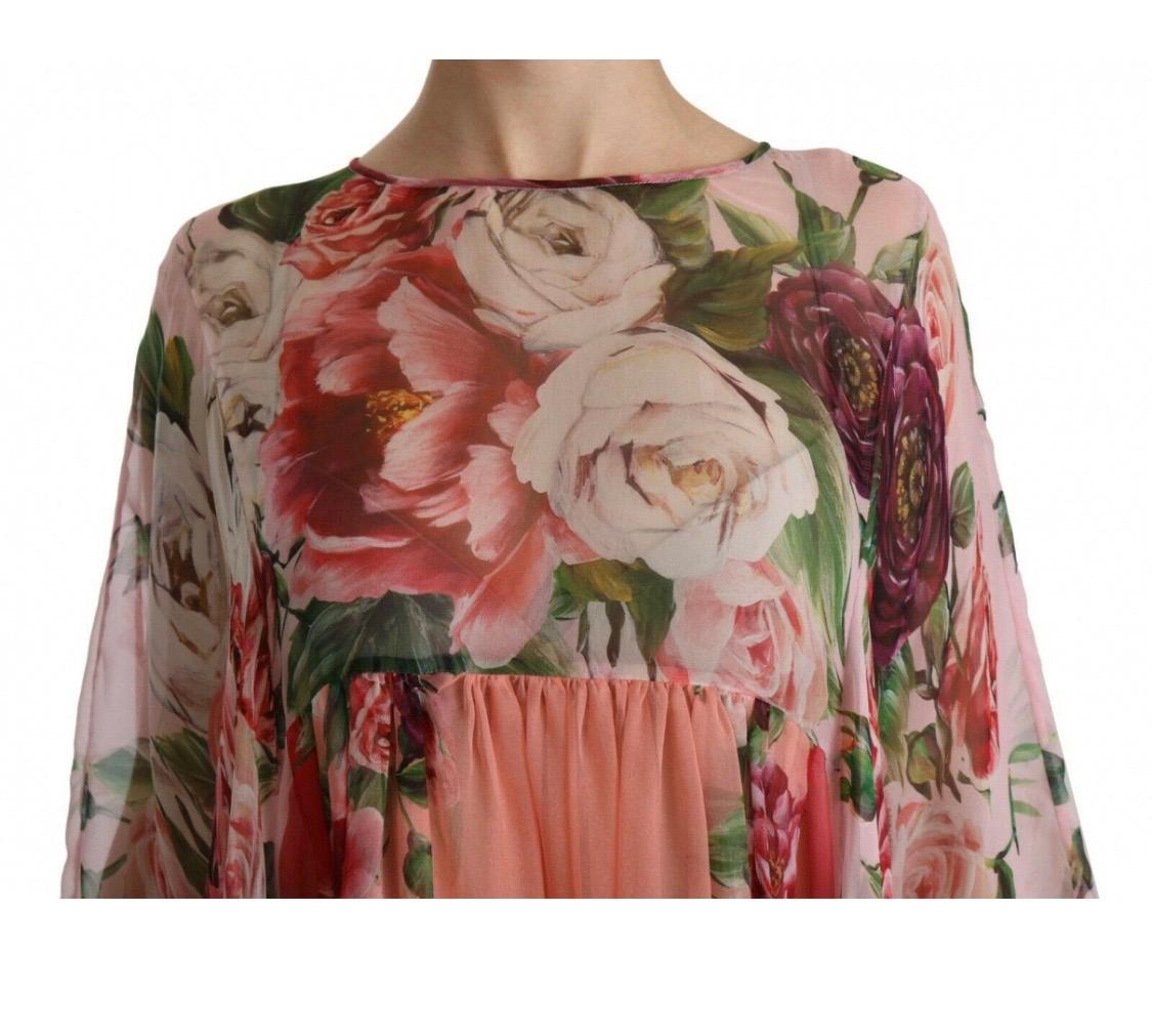 Dolce & Gabbana pink multicolour roses floral printed silk kaftan dress  For Sale 3