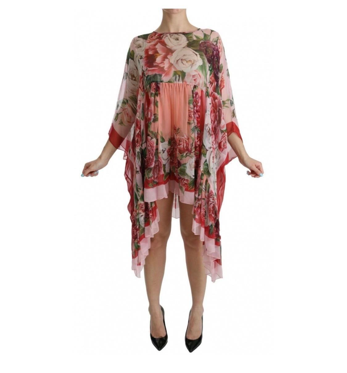 Brown Dolce & Gabbana pink multicolour roses floral printed silk kaftan dress  For Sale