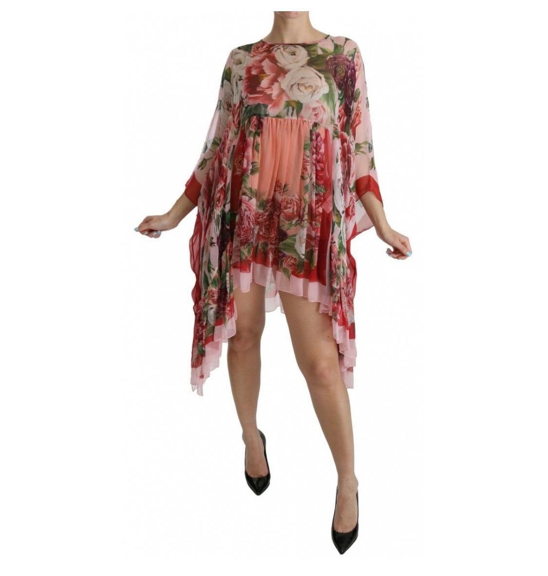 Dolce & Gabbana pink multicolour roses floral printed silk kaftan dress  In New Condition For Sale In WELWYN, GB