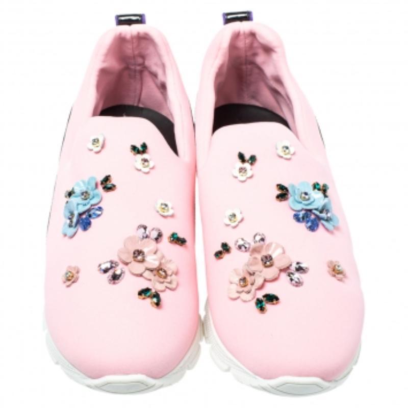 Dolce & Gabbana Pink Neoprene Embellished Slip On Sneakers Size 38 In Good Condition For Sale In Dubai, Al Qouz 2