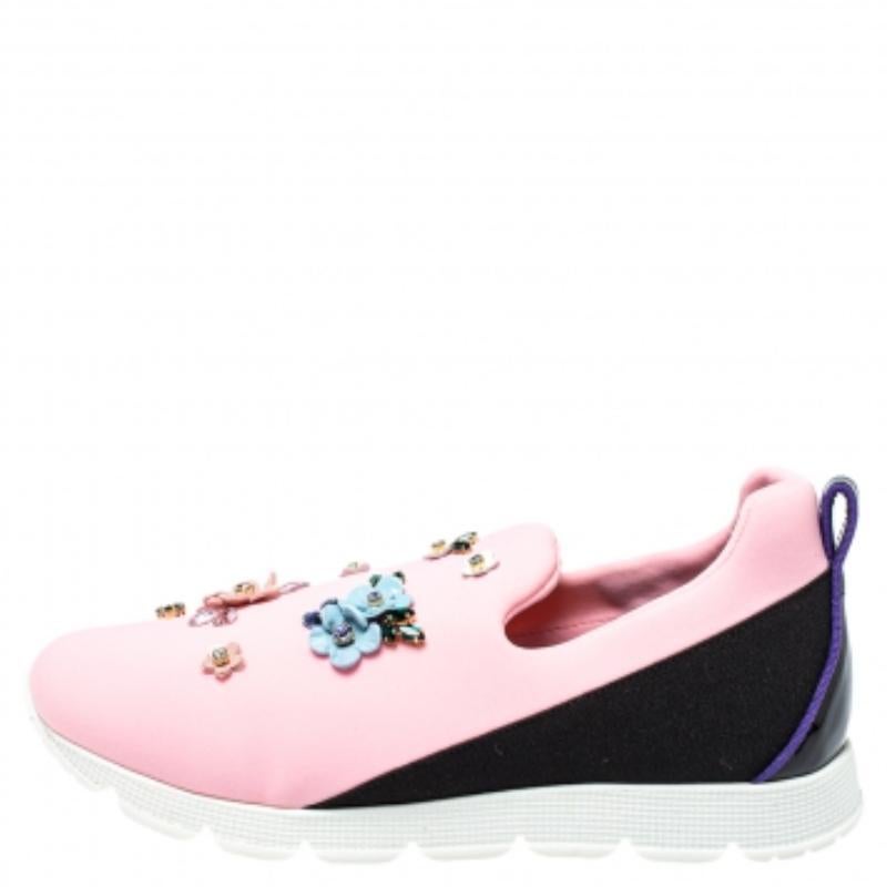 Dolce & Gabbana Pink Neoprene Embellished Slip On Sneakers Size 38 For Sale 1