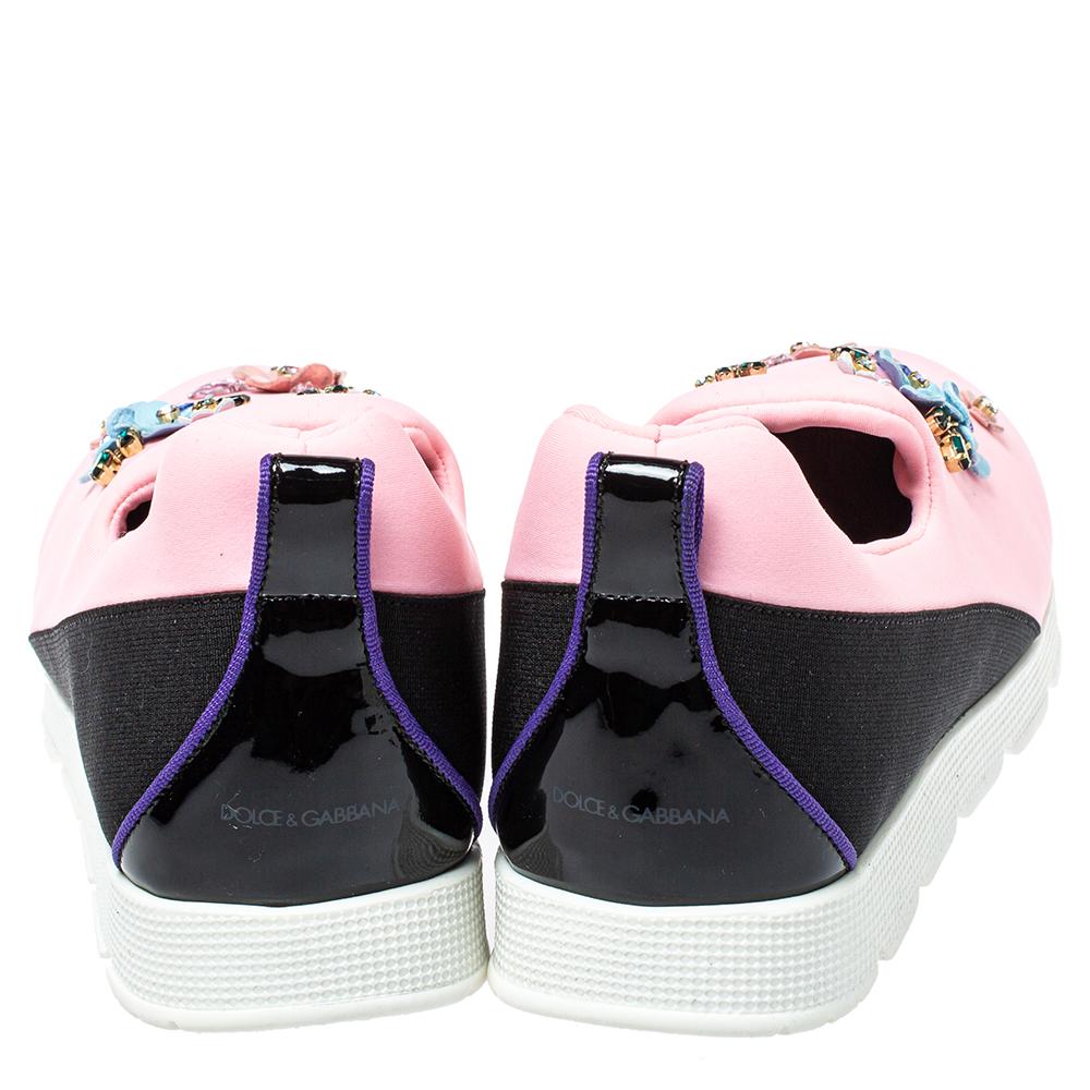 Beige Dolce & Gabbana Pink Neoprene Embellished Slip On Sneakers Size 38 For Sale