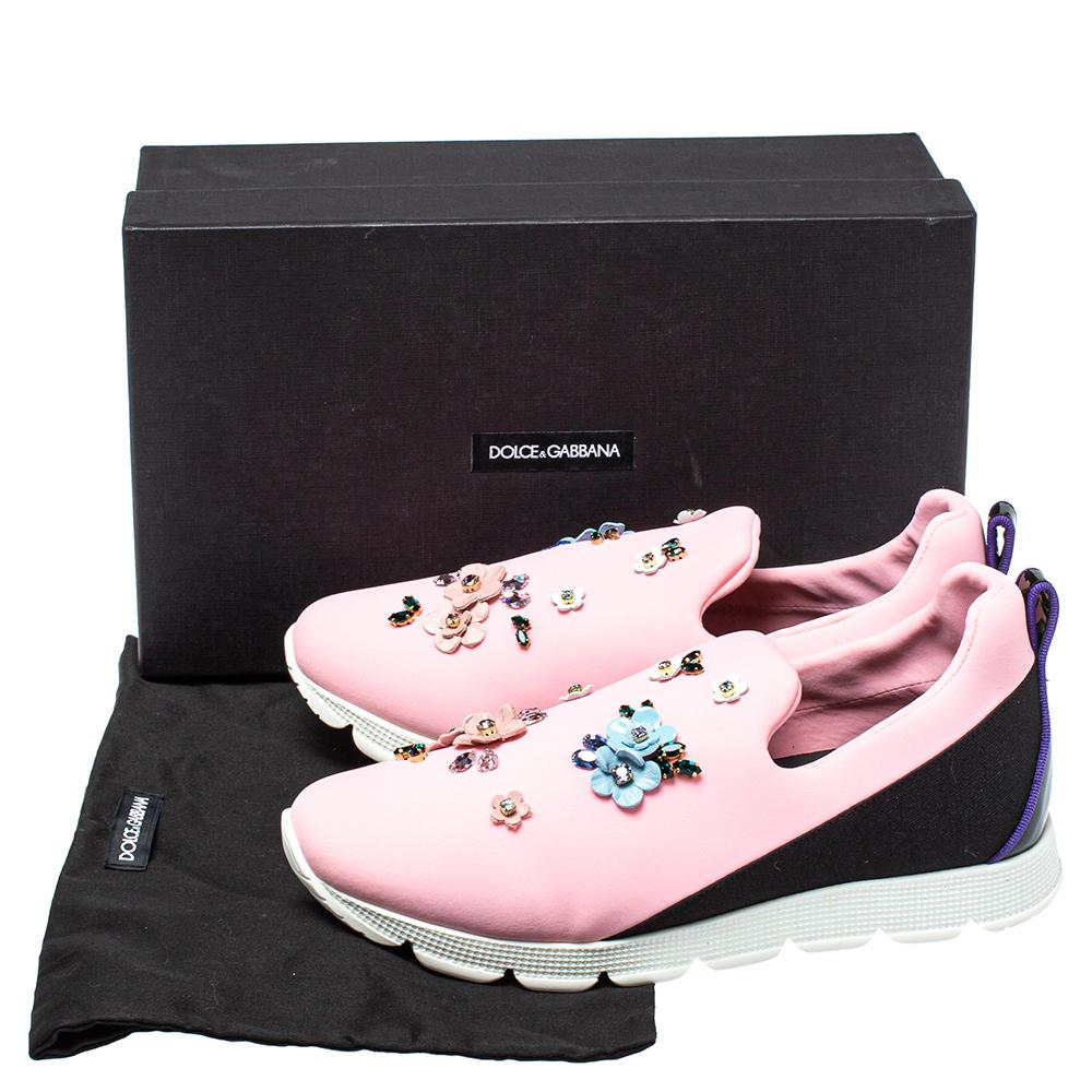 Dolce & Gabbana Pink Neoprene Embellished Slip On Sneakers Size 38 In Good Condition For Sale In Dubai, Al Qouz 2