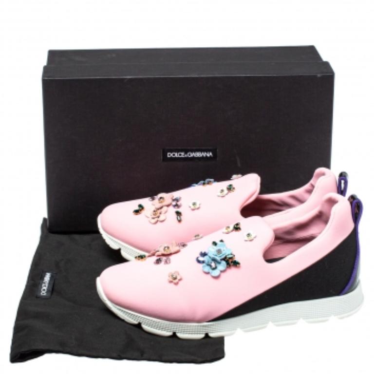 Dolce & Gabbana Pink Neoprene Embellished Slip On Sneakers Size 38 For Sale 3