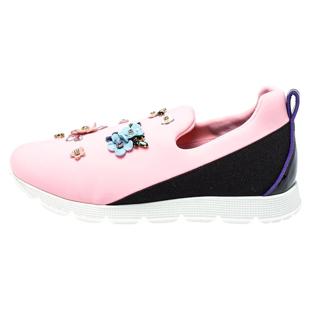 Dolce & Gabbana Pink Neoprene Embellished Slip On Sneakers Size 38 For Sale