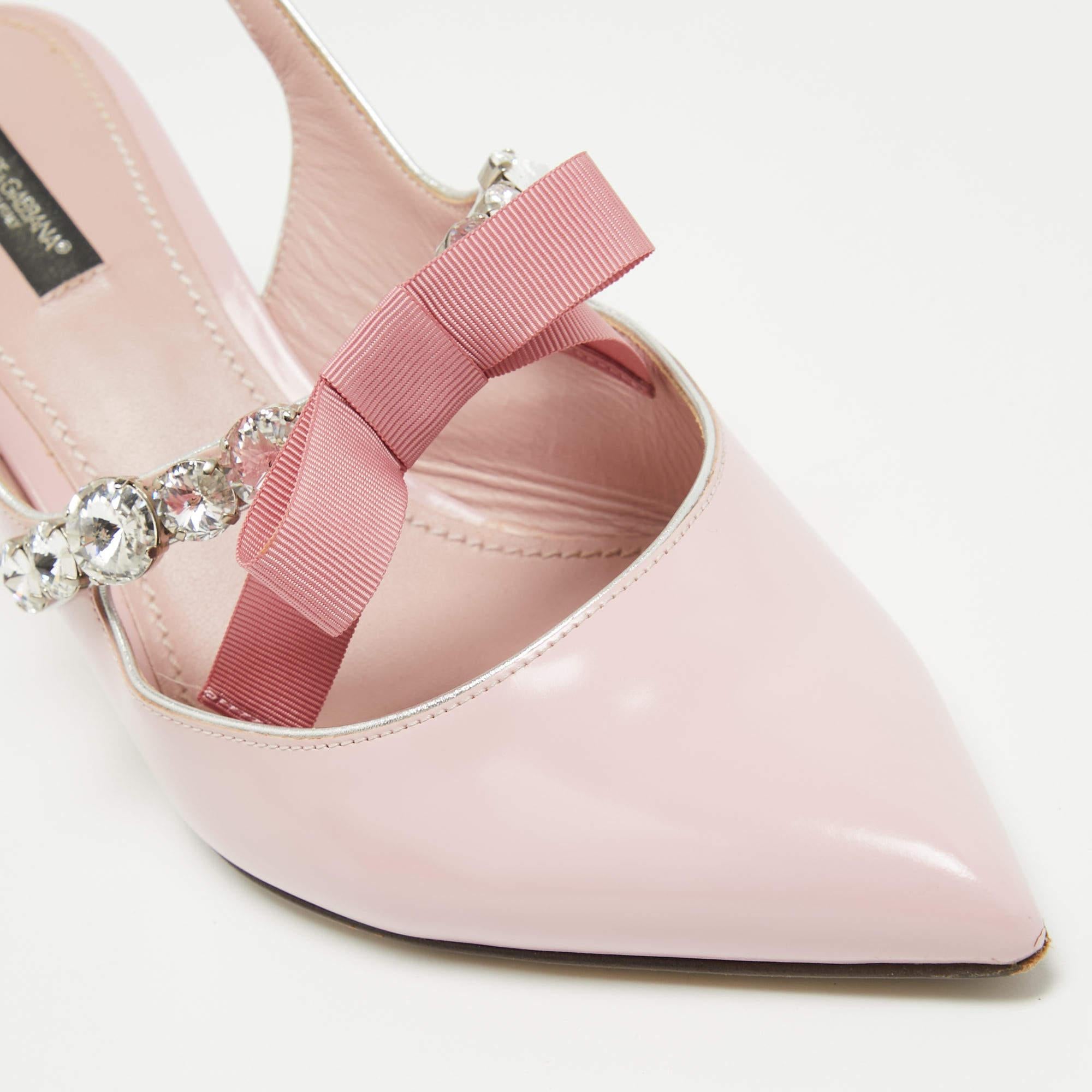 Dolce & Gabbana Pink Patent Leather Crystal Embellished Bow Slingback Pumps Size For Sale 2