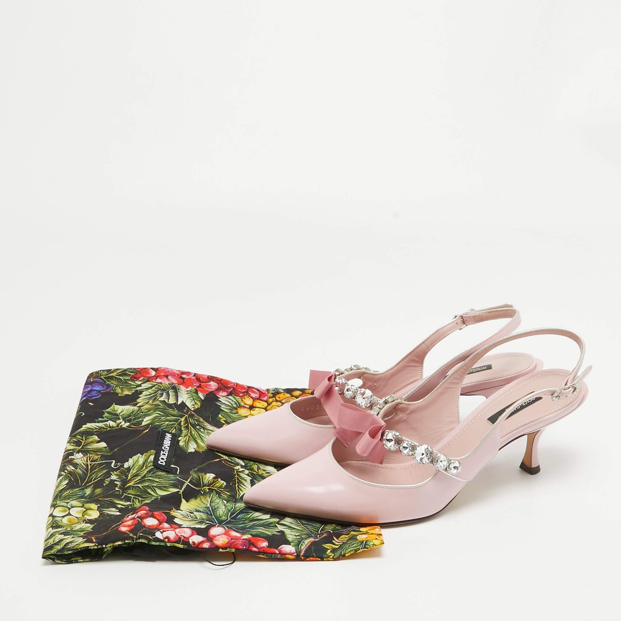 Dolce & Gabbana Pink Patent Leather Crystal Embellished Bow Slingback Pumps Size For Sale 4