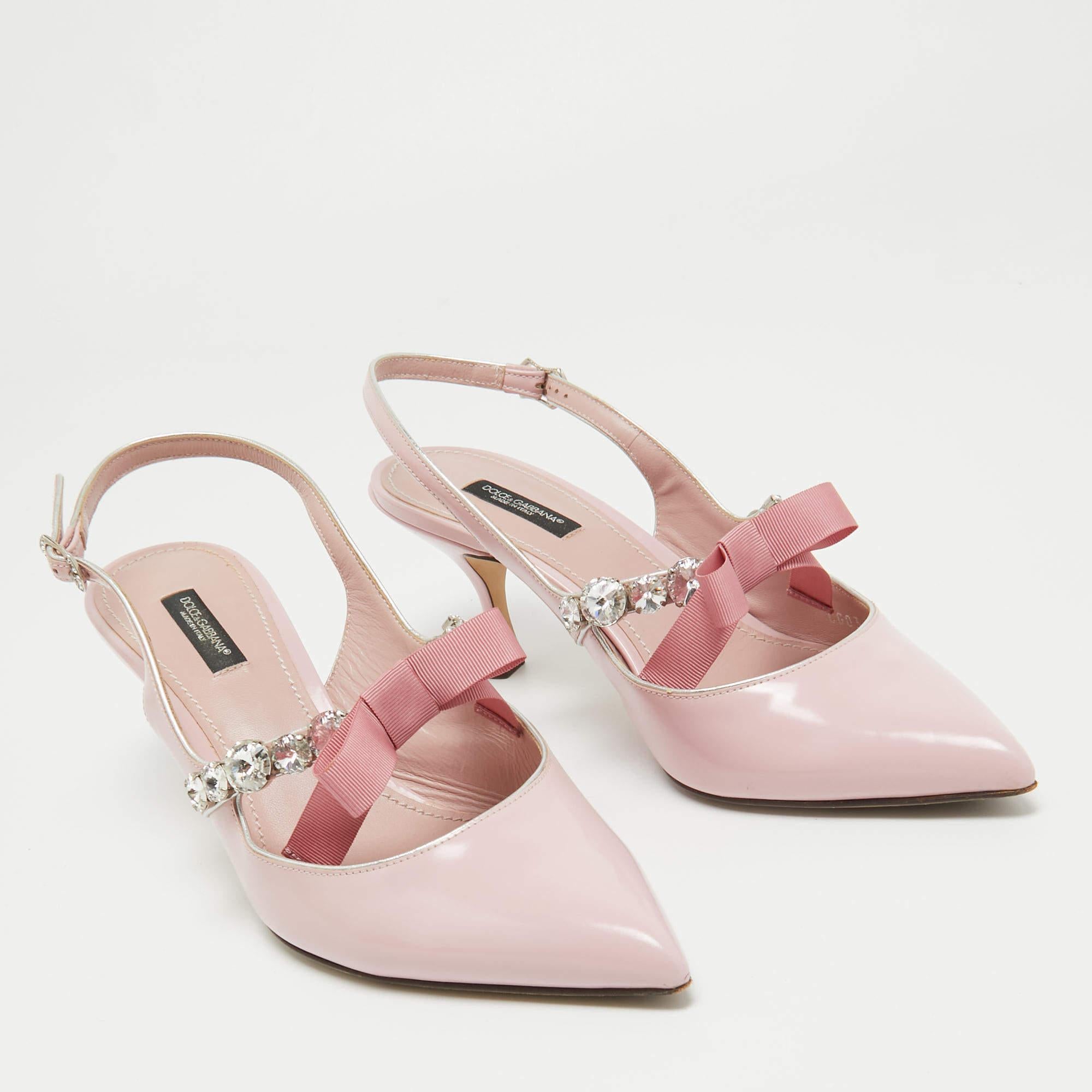Dolce & Gabbana Pink Patent Leather Crystal Embellished Bow Slingback Pumps Size For Sale 5
