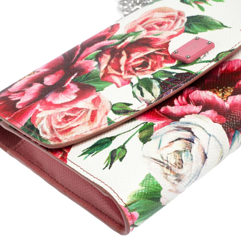 Dolce & Gabbana Pink Peony Print Leather Wallet On Chain 2