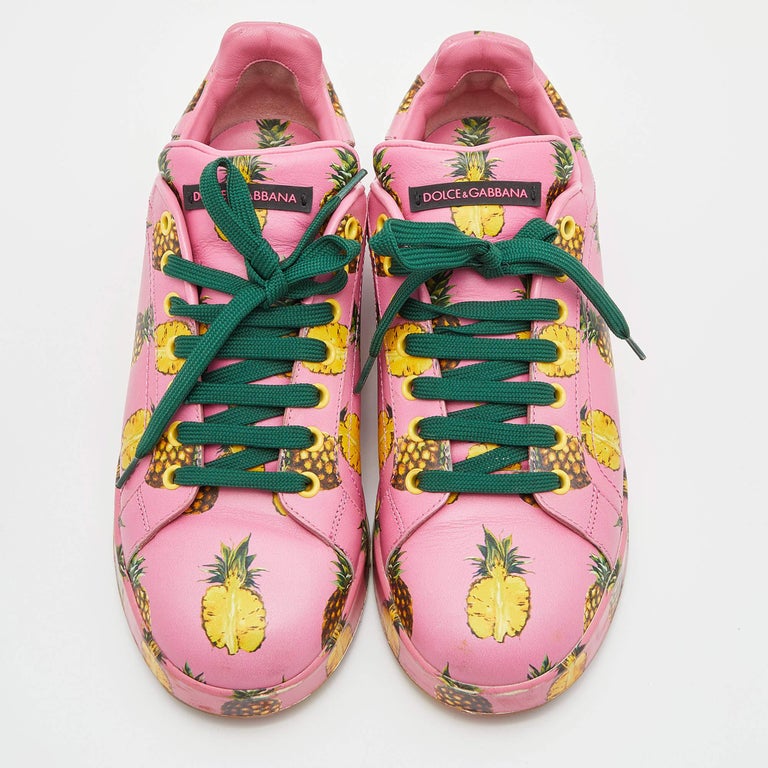 Dolce and Gabbana Pink Pineapple Print Leather Low Top Sneakers