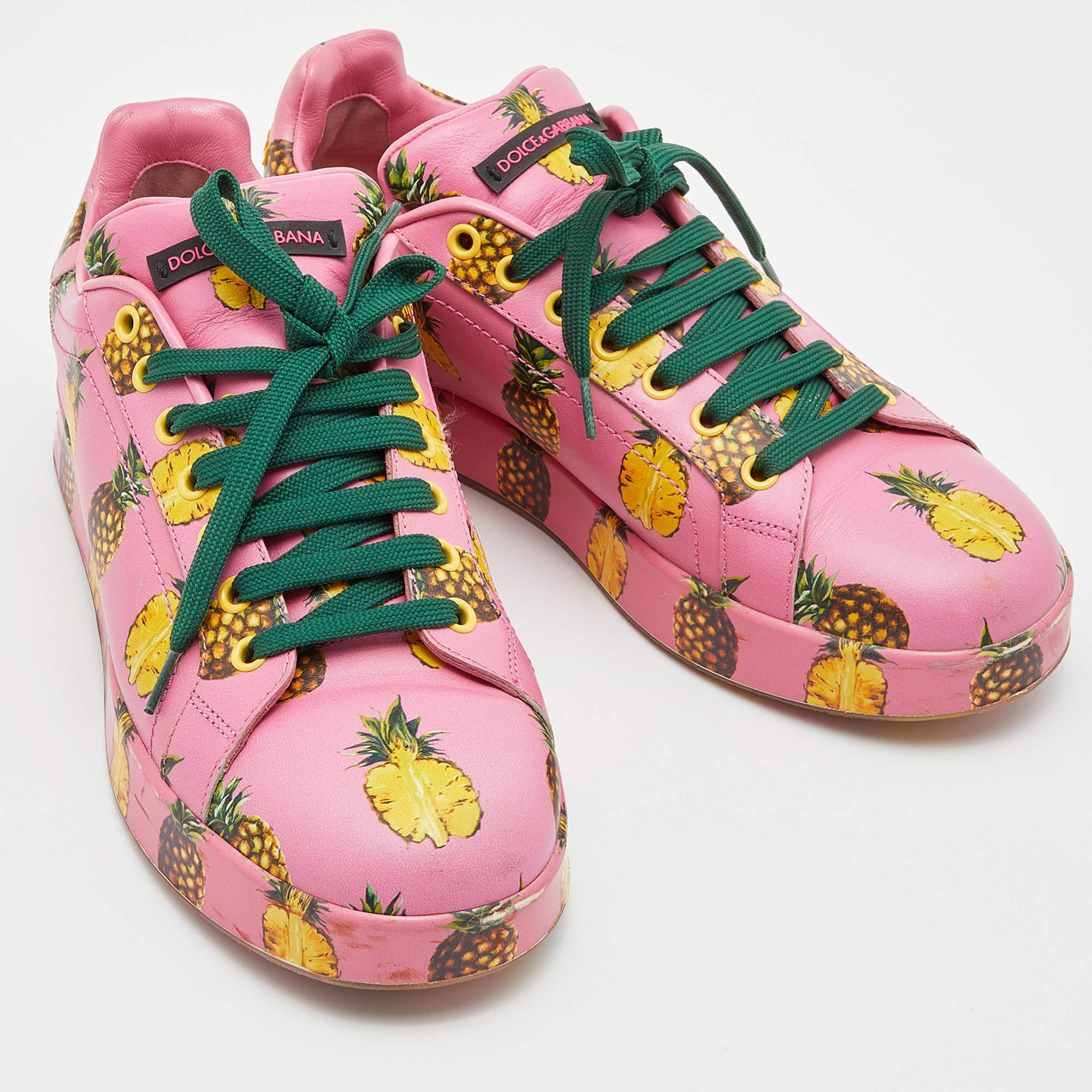 Beige Dolce & Gabbana Pink Pineapple Print Leather Low Top Sneakers Size 40