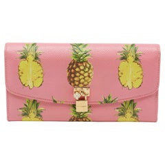 Dolce & Gabbana Pink Pineapple Print Leather Padlock Wallet