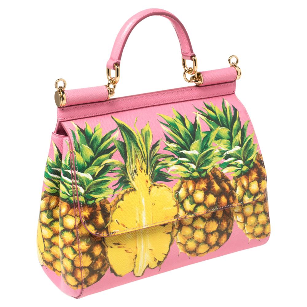 Brown Dolce & Gabbana Pink Pineapple Printed Leather Miss Sicily Top Handle Bag