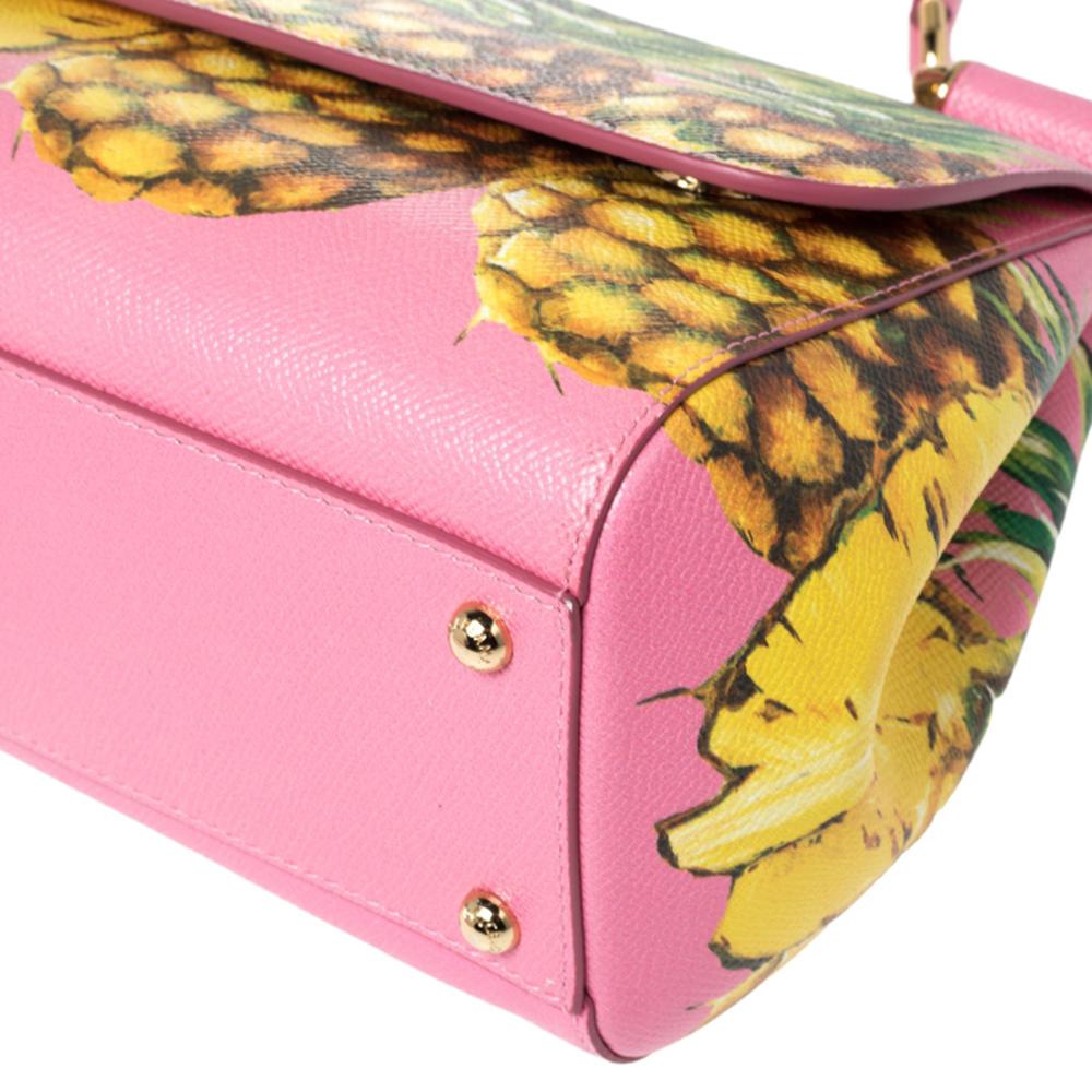 Dolce & Gabbana Pink Pineapple Printed Leather Miss Sicily Top Handle Bag In Good Condition In Dubai, Al Qouz 2