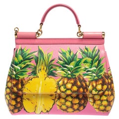 Dolce 
Gabbana Pink Pineapple Printed Leather Miss Sicily Top Handle Bag