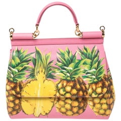 Dolce 
Gabbana Pink Pineapple Printed Leather Miss Sicily Top Handle Bag