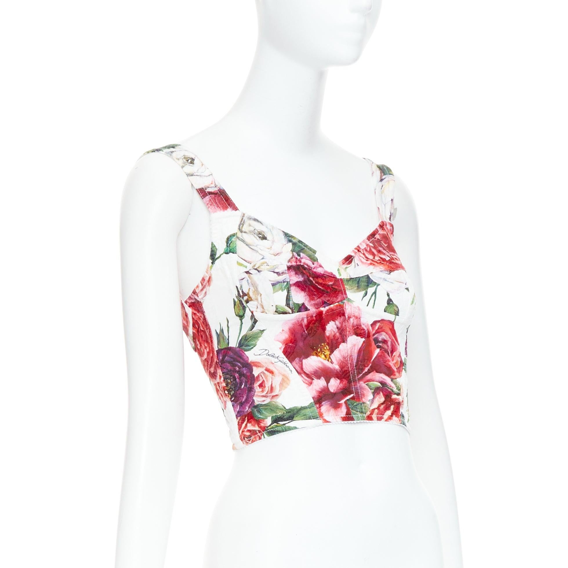 Beige DOLCE GABBANA pink purple white rose print crop bustier top IT36 XS