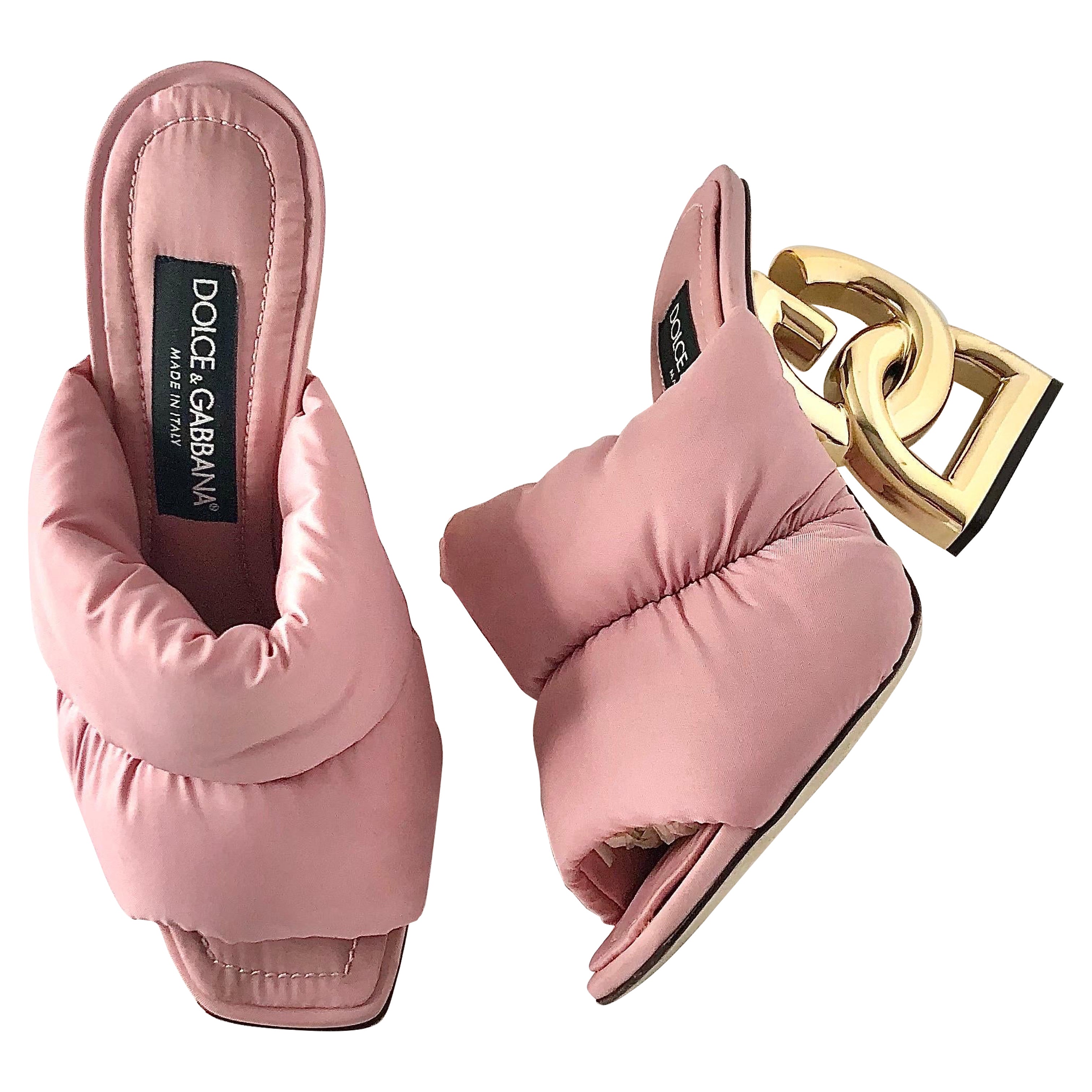 Dolce 
Gabbana Pink Quilted Nylon DG Heel Slip On Puffy Mule Sandals 38 For Sale