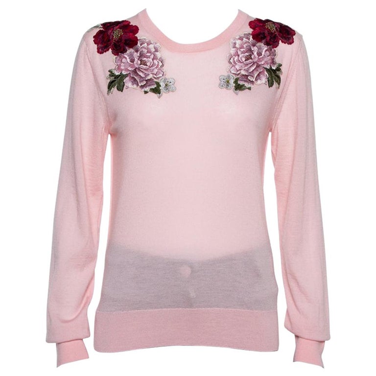 Dolce and Gabbana Pink Rose Applique Cashmere Pullover L at 1stDibs