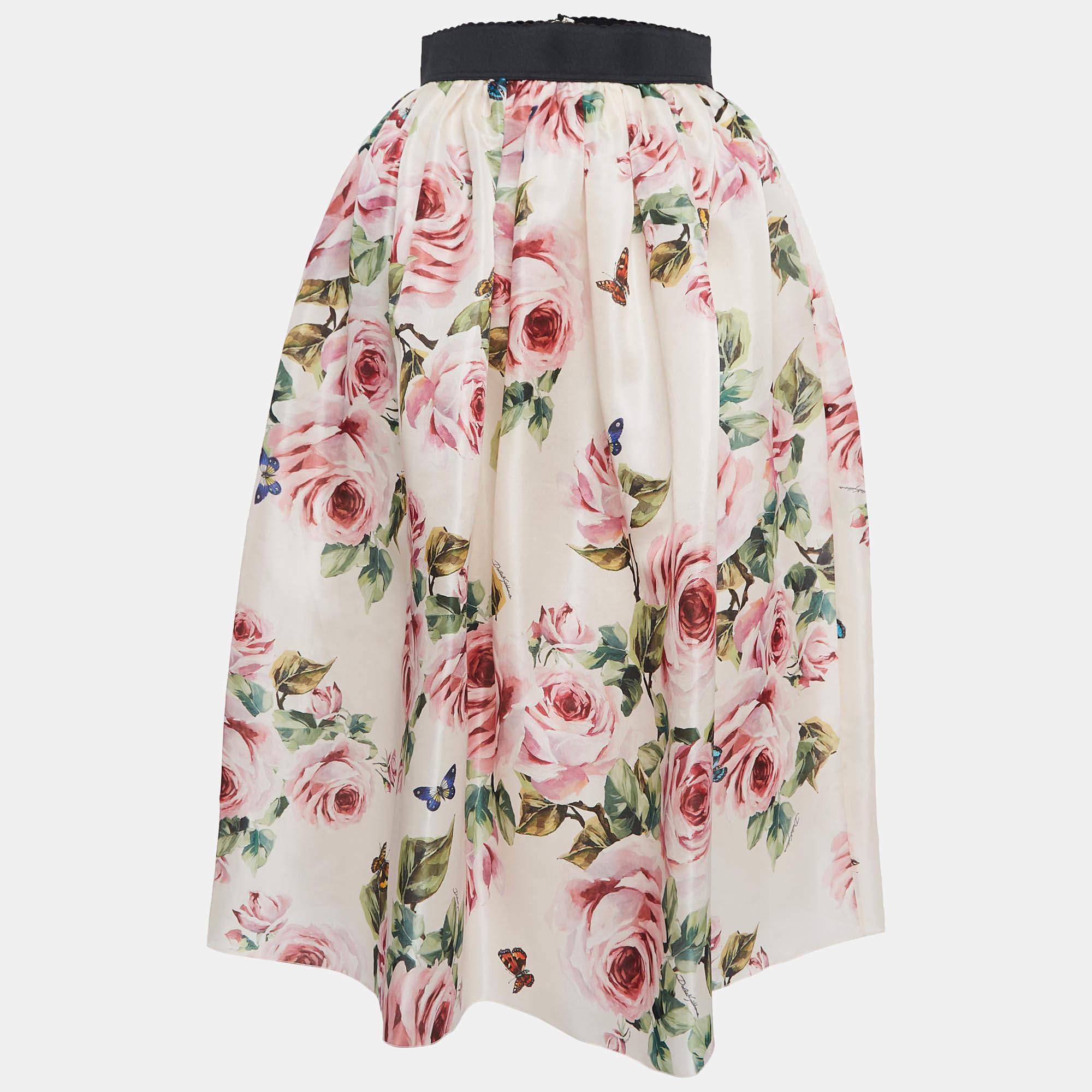 Dolce & Gabbana Pink Rose Print Silk Gathered Midi Skirt S In Excellent Condition In Dubai, Al Qouz 2