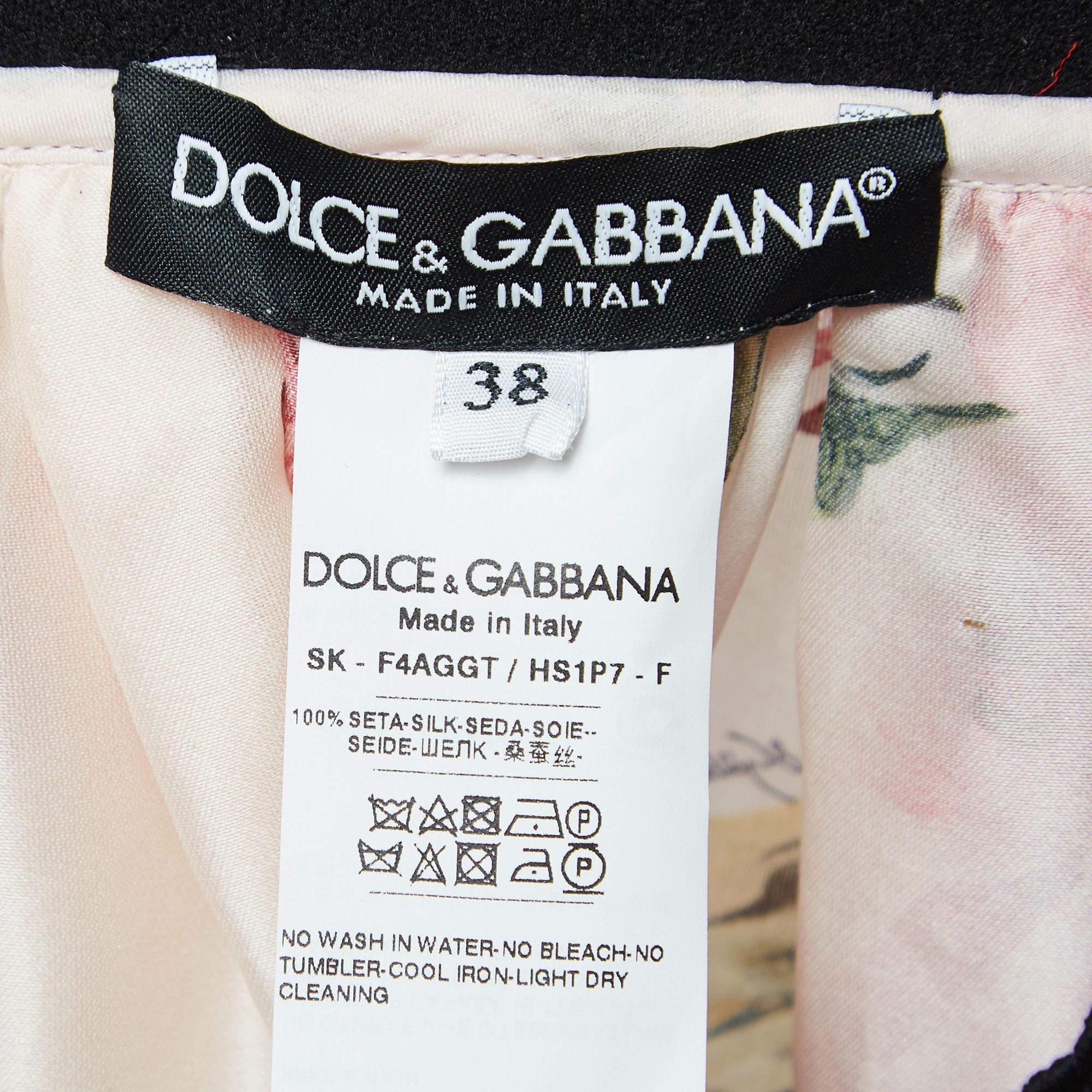 Women's Dolce & Gabbana Pink Rose Print Silk Gathered Midi Skirt S
