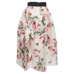 Dolce & Gabbana Pink Rose Print Silk Gathered Midi Skirt S