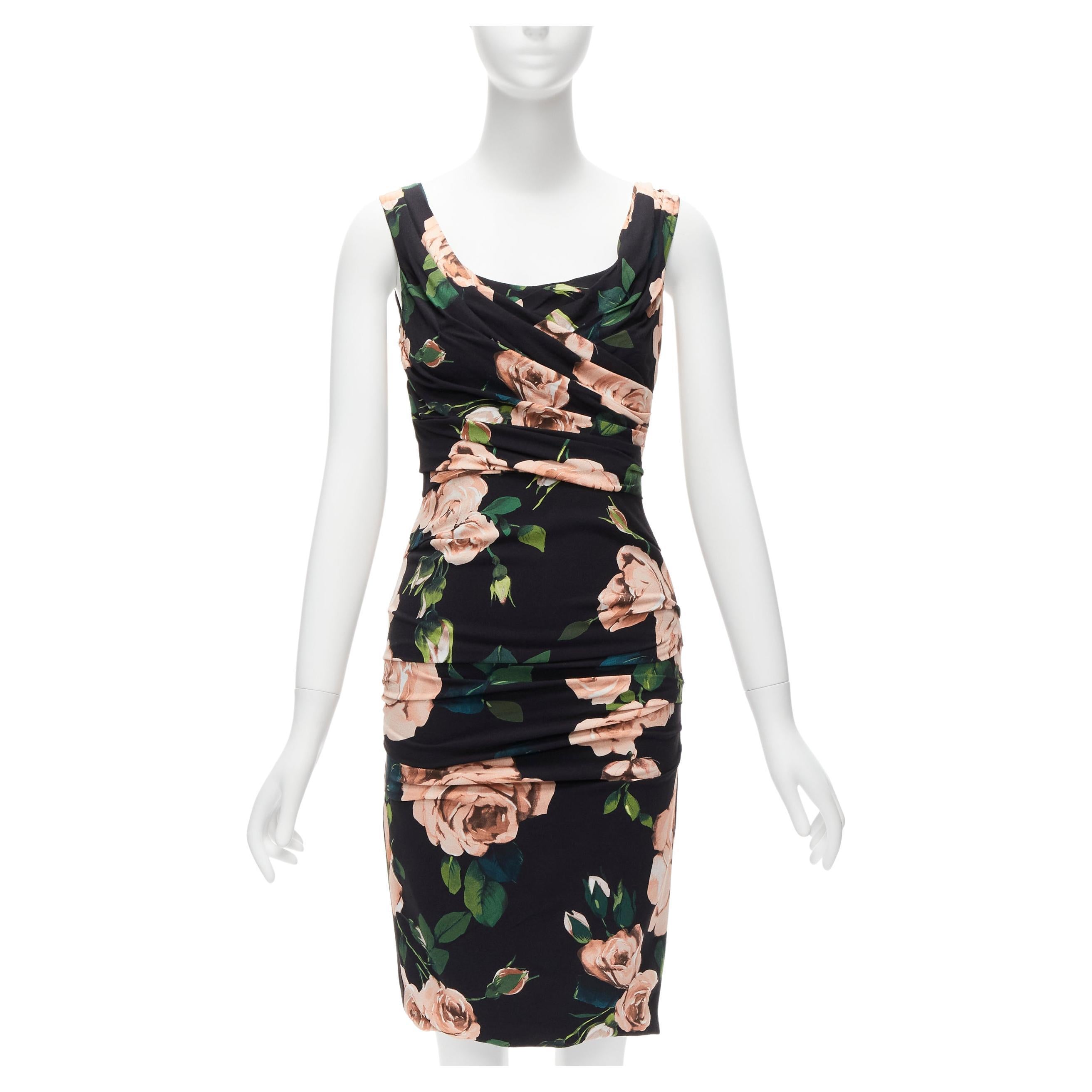 DOLCE GABBANA  pink rose print silk lined draped mid cocktaili dress IT38  For Sale