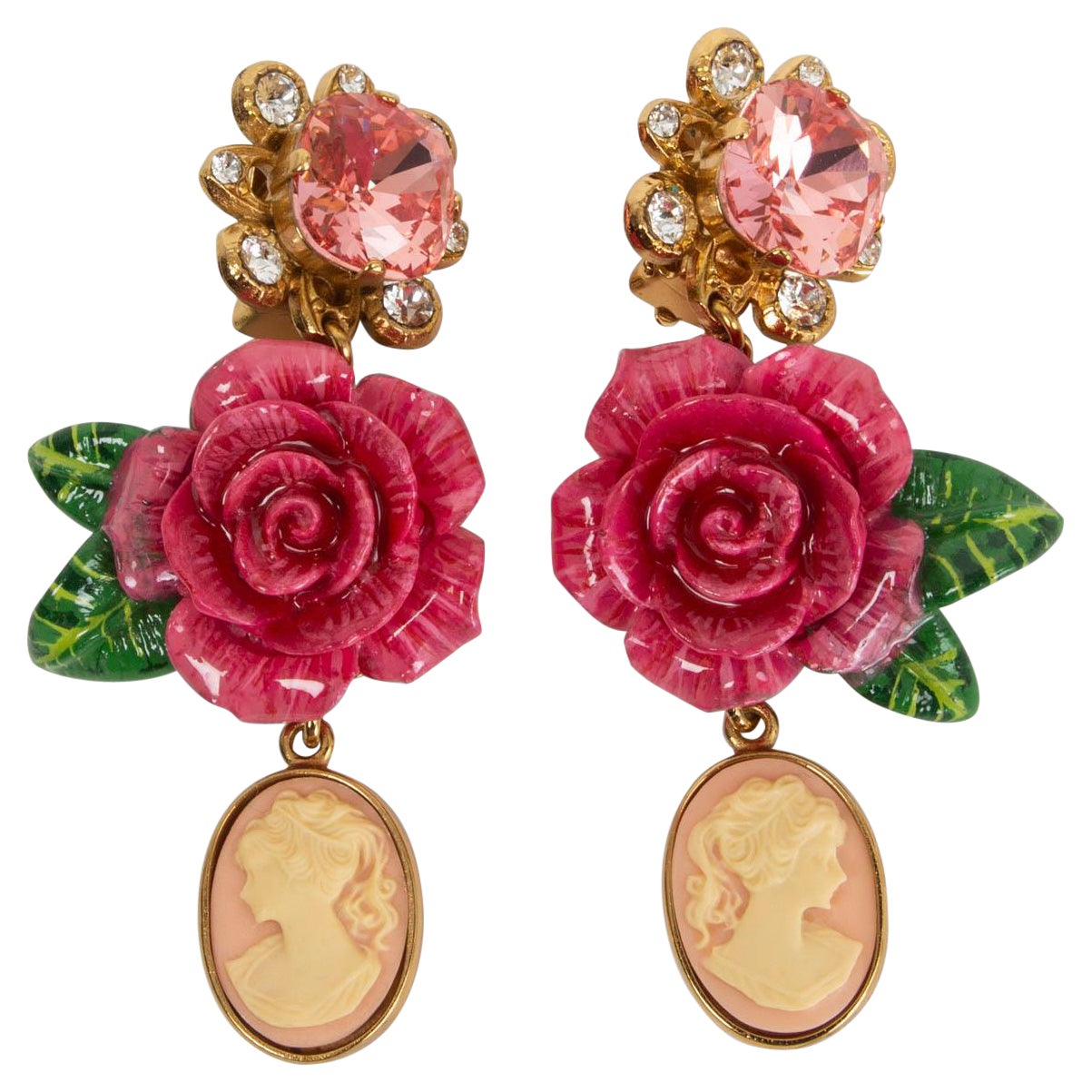 Dolce 
Gabbana Pink Rosetto Cameo Rose Drop Clip on Earrings