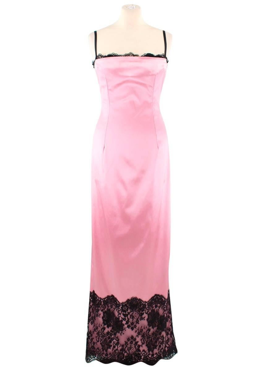 Dolce & Gabbana Pink Satin & Lace Gown 

- Bodycon/Cut close to the body
- Square neckline 
- Lace trim to the neckline
- Black straps
- Lace trim to the bottom
- Concealed zip to the back
- Subtle fishtail to the back
- Concealed bra to the