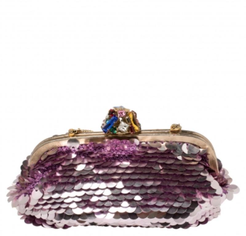 Black Dolce & Gabbana Pink Sequin Crystal Embellished Lock Frame Chain Clutch For Sale